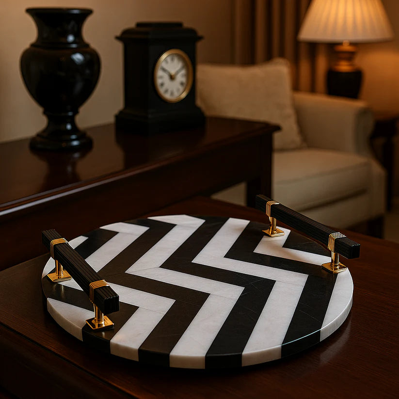 Black Chevron Marble Round Platter – Luxury Serving Tray for GCC Homes & Gifting