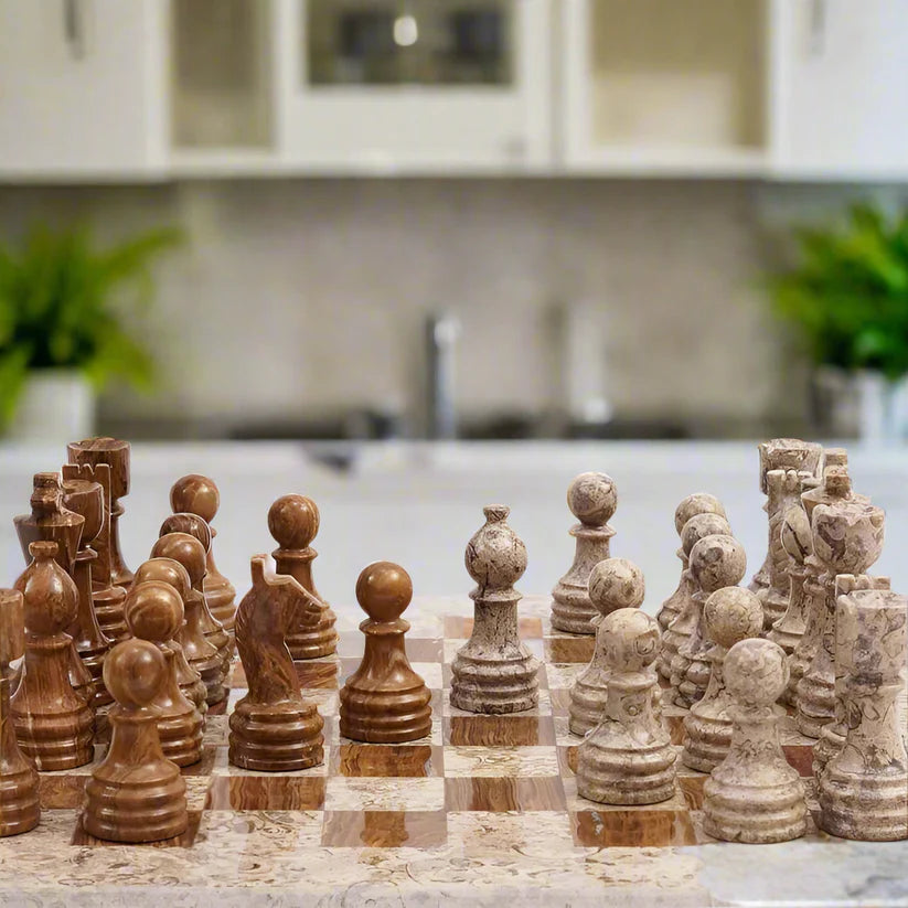 Warm and Inviting: Coral & Brown Marble Chess Set