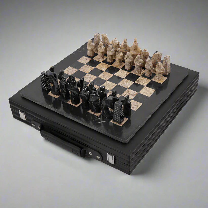 Limited Edition Handcrafted Black & Coral Marble Chess Set with Antique Pieces
