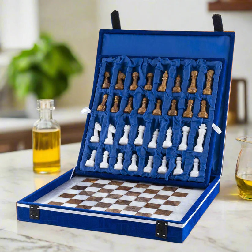 Bold and Dramatic: White & Brown Marble Chess Set