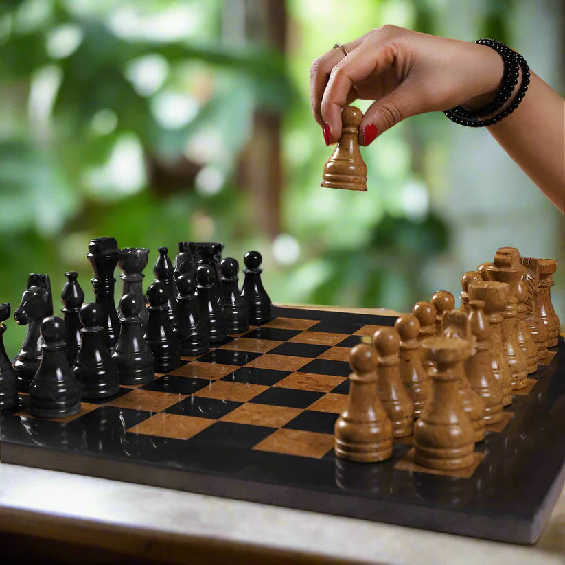 Luxurious Serenity: Black & Golden Marble Chess Set