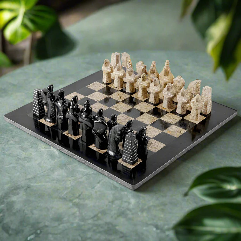 Limited Edition Handcrafted Black & Coral Marble Chess Set with Antique Pieces