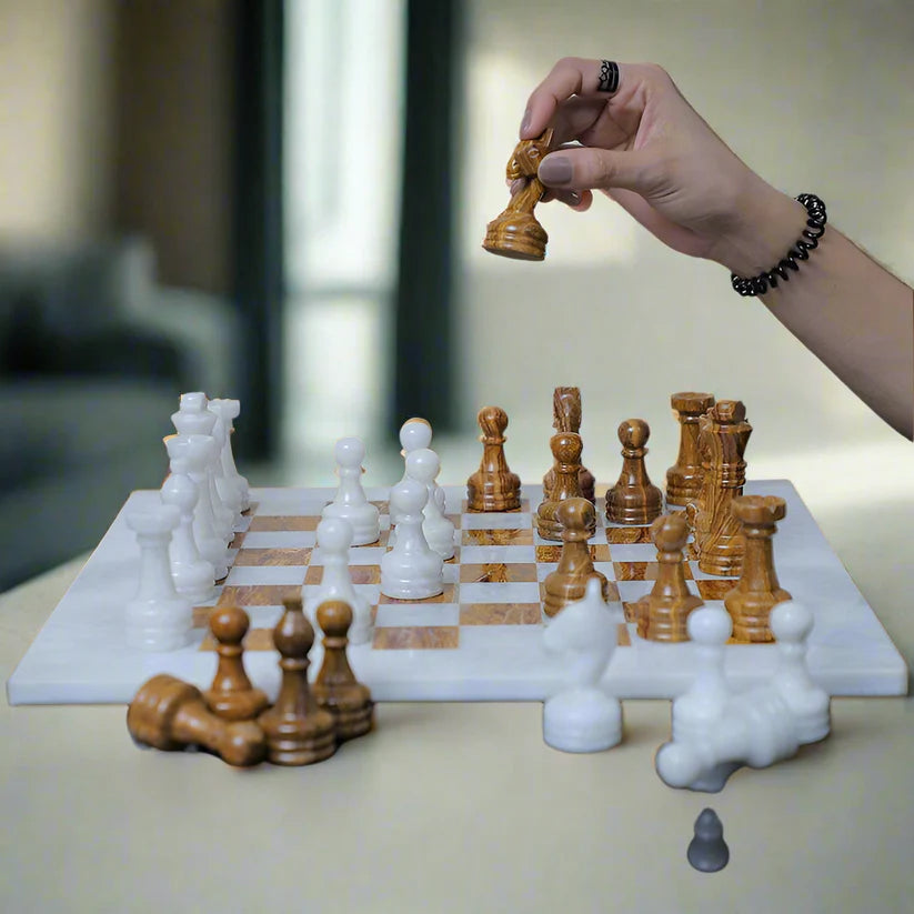 Bold and Dramatic: White & Brown Marble Chess Set
