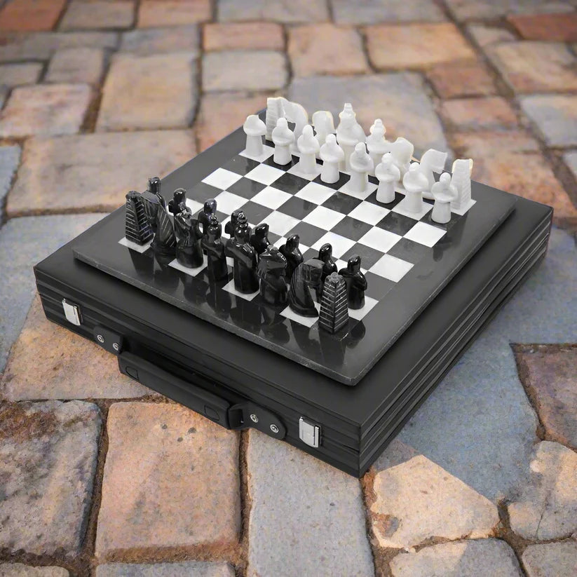 Limited Edition Handcrafted Black & White Marble Chess Set with Antique Pieces