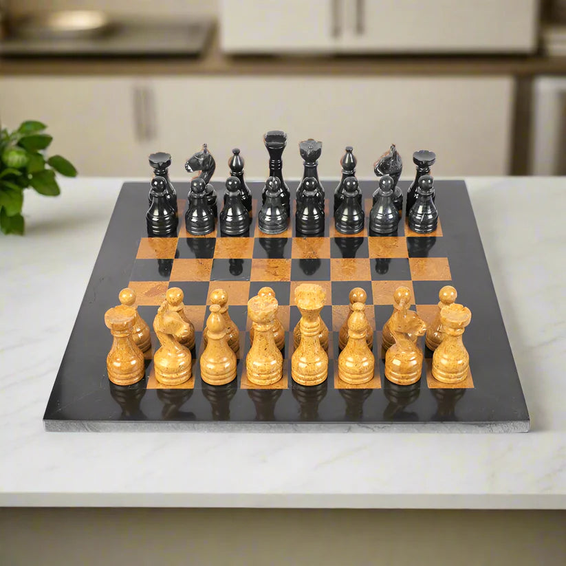 Luxurious Serenity: Black & Golden Marble Chess Set