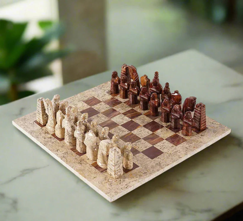 Limited Edition Handcrafted Coral & Red Marble Chess Set with Antique Pieces
