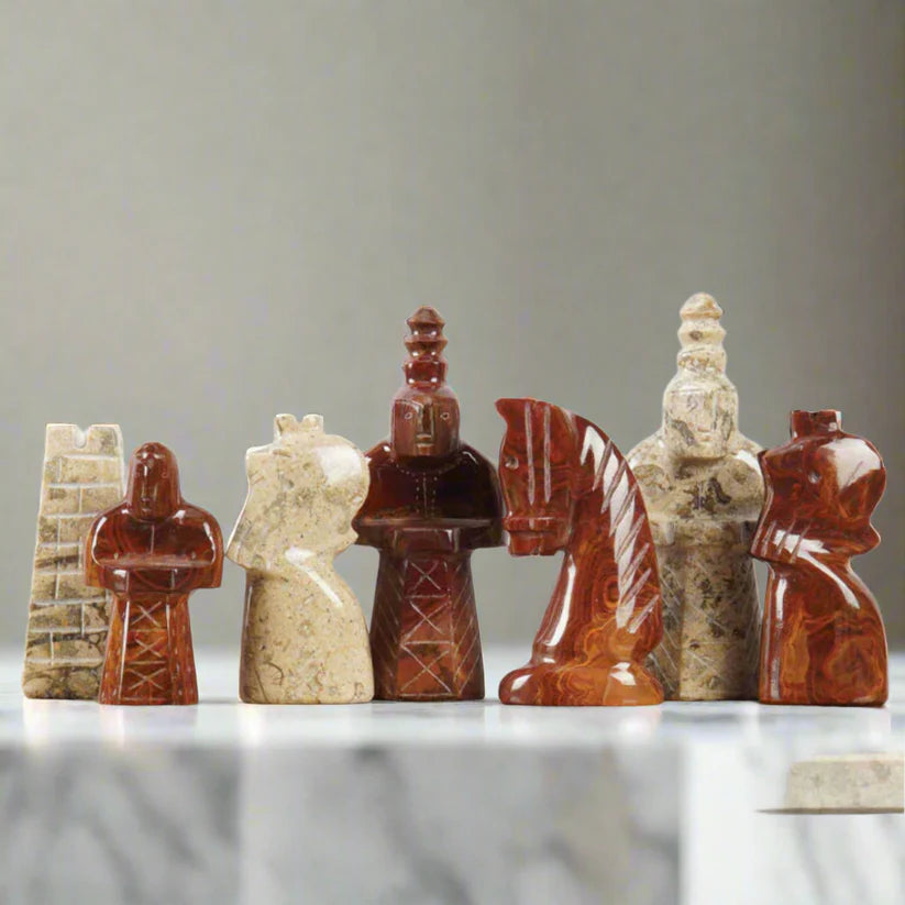 Limited Edition Handcrafted Coral & Red Marble Chess Set with Antique Pieces