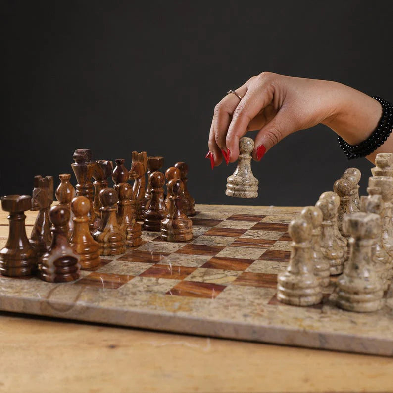 
                      
                        Warm and Inviting: Coral & Brown Marble Chess Set
                      
                    